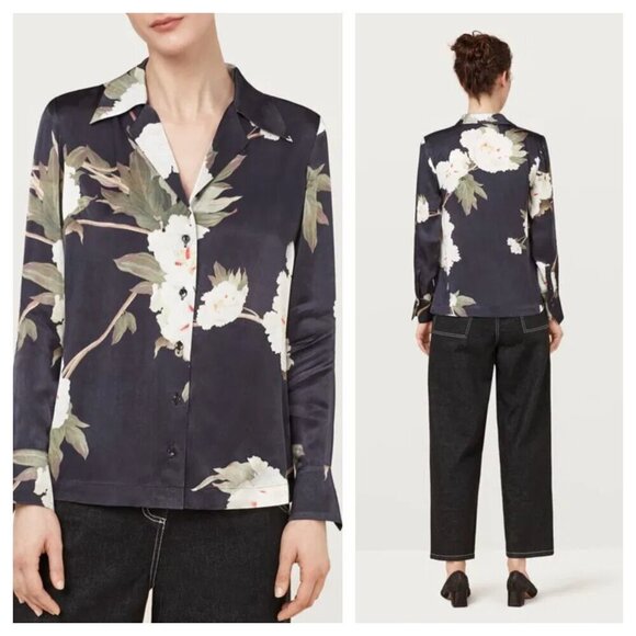 Finery Levine Soft Satin Pyjama Button Down Shirt in Blue White Women's 4 - Picture 7 of 7